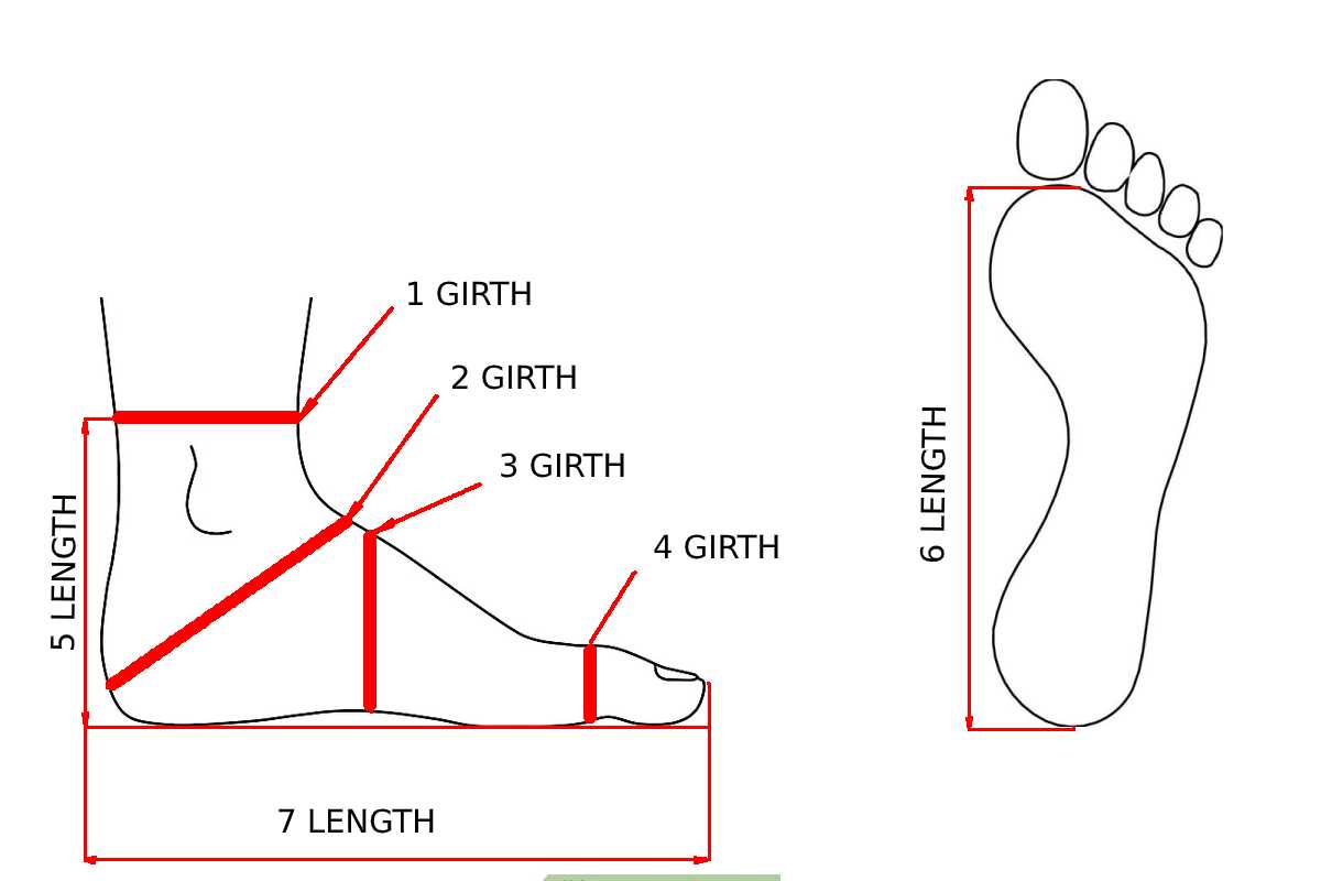 Схематическое изображение ноги и стопы с необходимыми мерками для KappaGravi